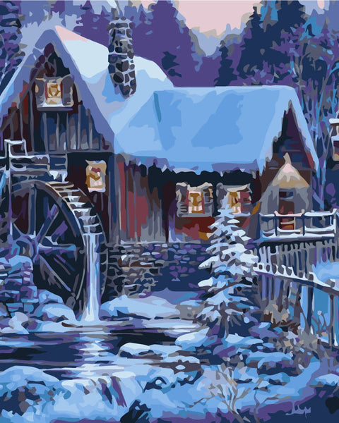 Snow-covered watermill cabin in a winter forest landscape scene