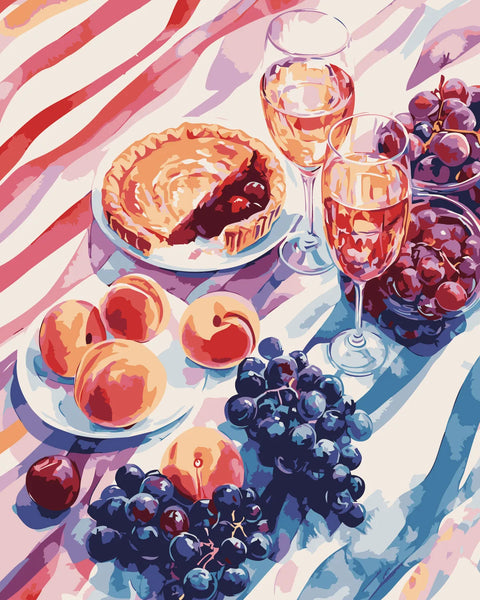 Vibrant picnic scene with wine glasses fruit and cherry pie