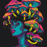Neon surreal portrait of a woman with mushrooms as hair