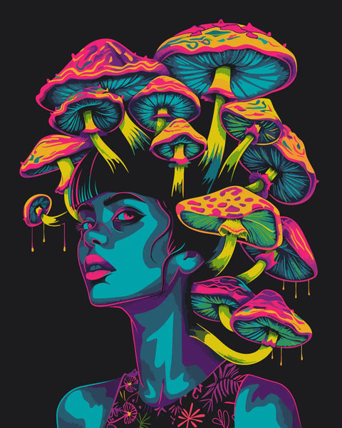 Neon surreal portrait of a woman with mushrooms as hair