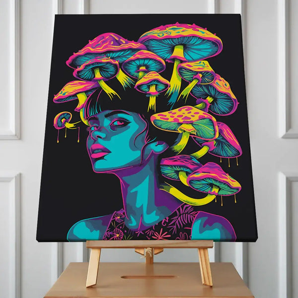 Neon surreal portrait of a woman with mushrooms as hair