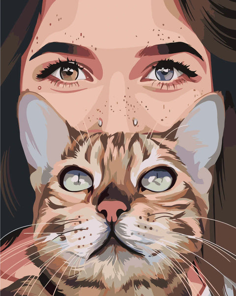 Close-up portrait of a woman holding a tabby cat