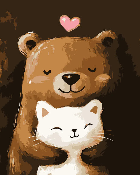 Cute digital painting of a bear hugging a smiling cat