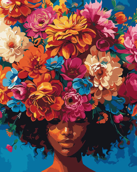 Vibrant portrait of a woman with blooming flowers as hair
