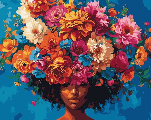 Vibrant portrait of a woman with blooming flowers as hair