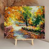 Vibrant autumn landscape painting with colorful trees and fallen leaves