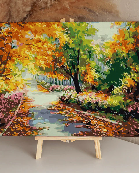 Vibrant autumn landscape painting with colorful trees and fallen leaves