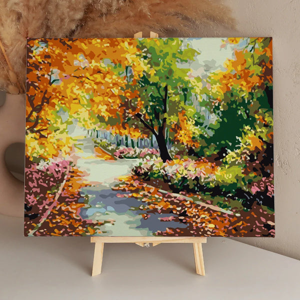 Vibrant autumn landscape painting with colorful trees and fallen leaves