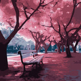 Serene park scene with cherry blossom trees and empty bench