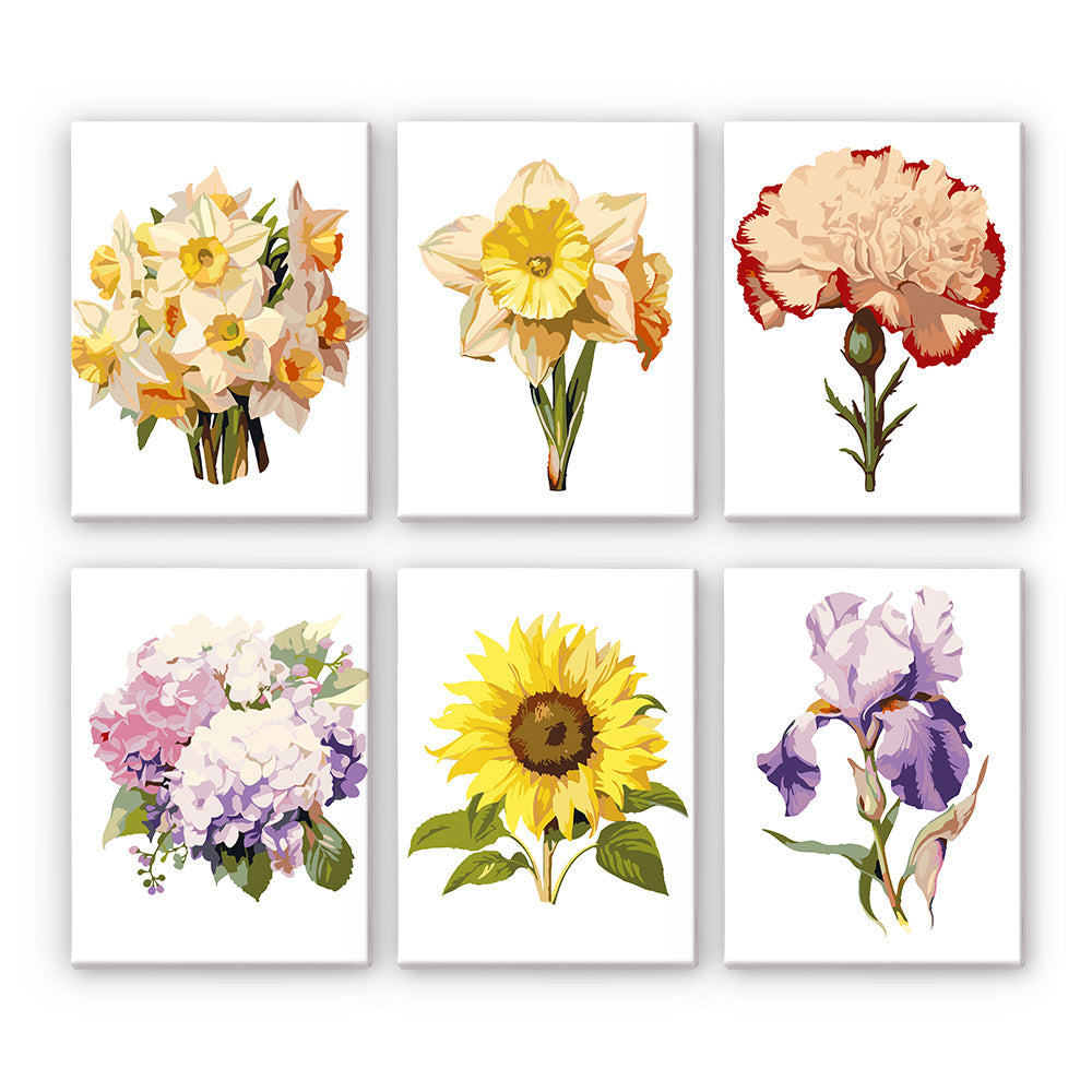 Collection of six floral canvas paintings featuring daffodils, carnations, hydrangeas, sunflowers, and irises. Garden Whispers Paint by Numbers Set by Artspark.