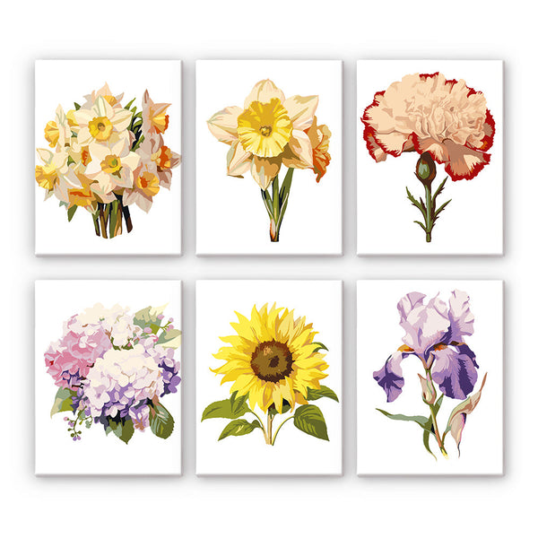 Collection of six floral canvas paintings featuring daffodils, carnations, hydrangeas, sunflowers, and irises. Garden Whispers Paint by Numbers Set by Artspark.