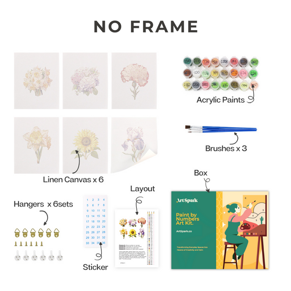 No Frame version of the Garden Whispers Paint by Numbers Kit featuring 6 linen canvases, acrylic paints, brushes, layout guide, hangers, sticker sheet, and Artspark packaging.