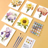 Garden Whispers Paint by Numbers Set featuring six floral canvases with daffodils, carnations, hydrangeas, sunflowers, and irises, along with paintbrushes, acrylic paints, and painting guide – Artspark Paint by Numbers.