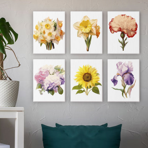 Six completed floral paintings from the Garden Whispers Paint by Numbers Kit displayed on a textured wall. Each canvas features a different flower, adding vibrant botanical charm to the room decor. Artspark Paint by Numbers Kit.