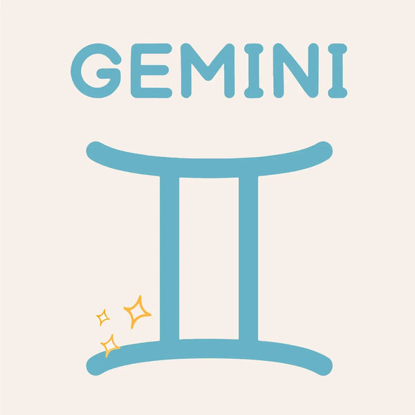 Minimalist Gemini zodiac sign with blue symbol and sparkles