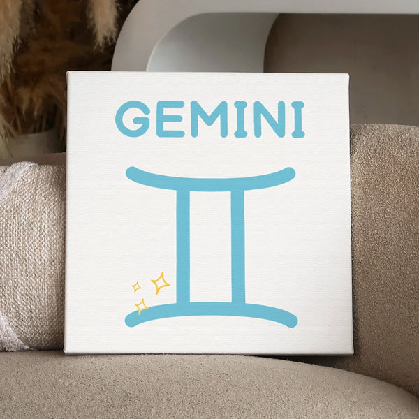 Minimalist Gemini zodiac sign with blue symbol and sparkles