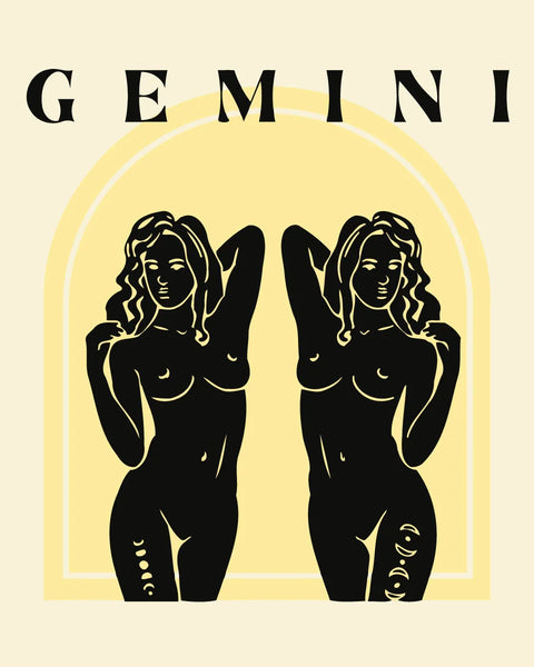 Minimalist Gemini zodiac artwork featuring twin feminine figures