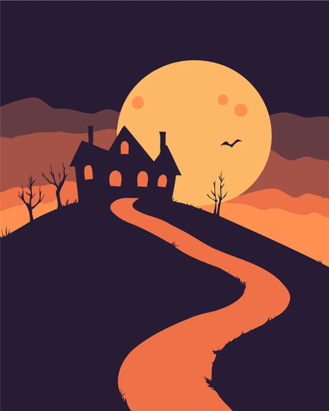 Spooky haunted house on a hill with full moon background