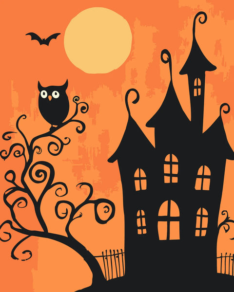Halloween-themed haunted house with spooky owl, bat, and full moon