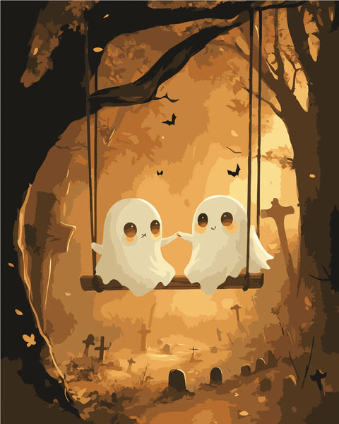 Cute ghost couple on a swing in a spooky graveyard