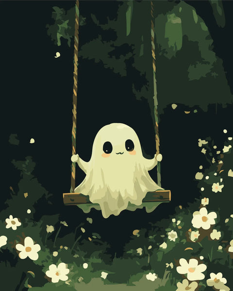 Adorable ghost on a swing surrounded by glowing flowers at night