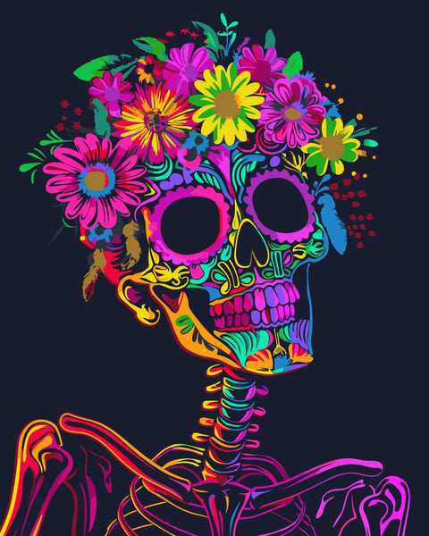 Colorful skull with intricate floral decorations