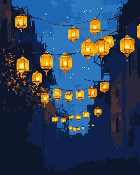 Golden Ramadan lanterns hanging above a twilight street, radiating warmth and spirituality in the Glow of Faith paint by numbers kit.