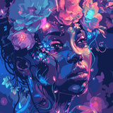 Vibrant portrait of a woman with glowing flowers and ethereal lighting
