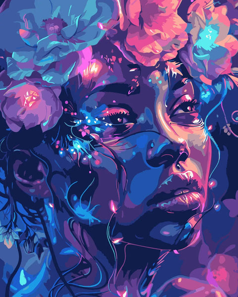 Vibrant portrait of a woman with glowing flowers and ethereal lighting