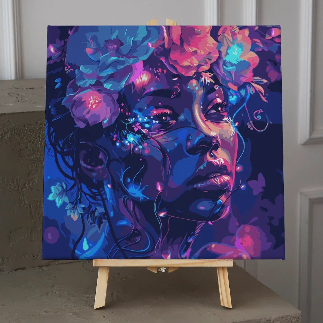 Vibrant portrait of a woman with glowing flowers and ethereal lighting