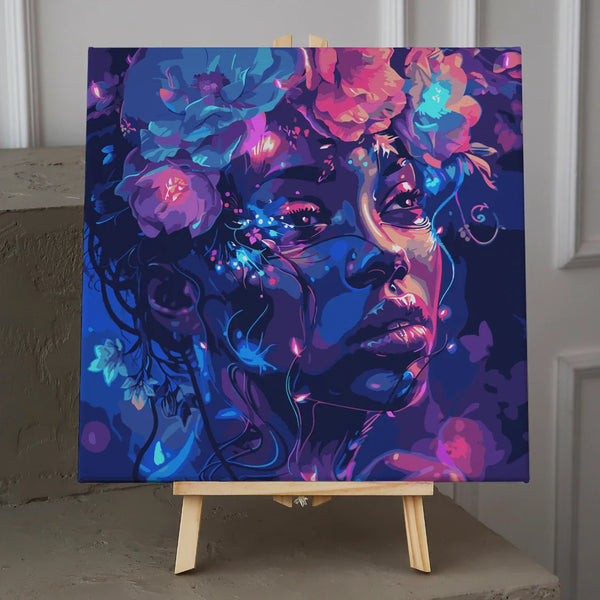 Vibrant portrait of a woman with glowing flowers and ethereal lighting
