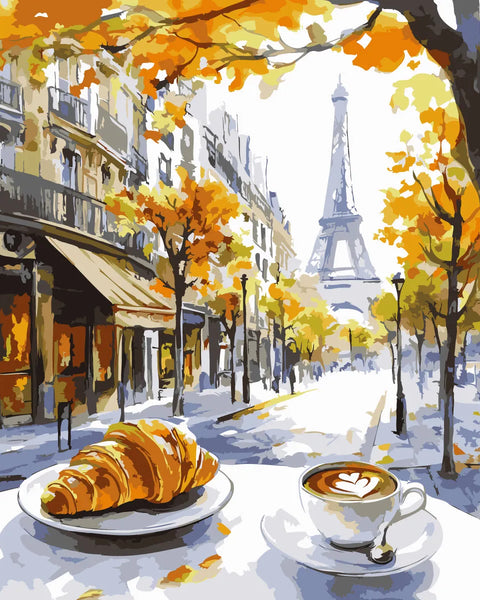 Paris street café with croissant, coffee, and Eiffel Tower in autumn