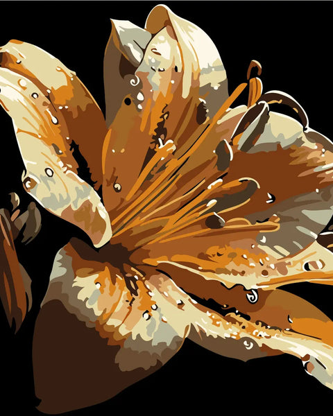 Close-up painting of a golden lily with water droplets