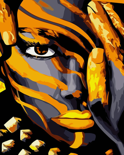 Abstract portrait of a woman with bold tiger-inspired face paint