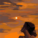 Painting of a woman watching the sunset with warm colors