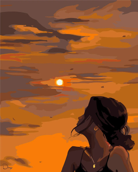 Painting of a woman watching the sunset with warm colors