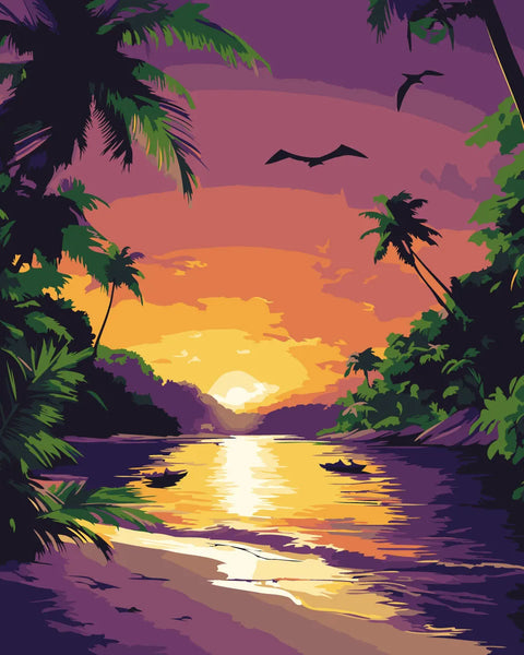 Tropical beach sunset with palm trees, calm water, and birds