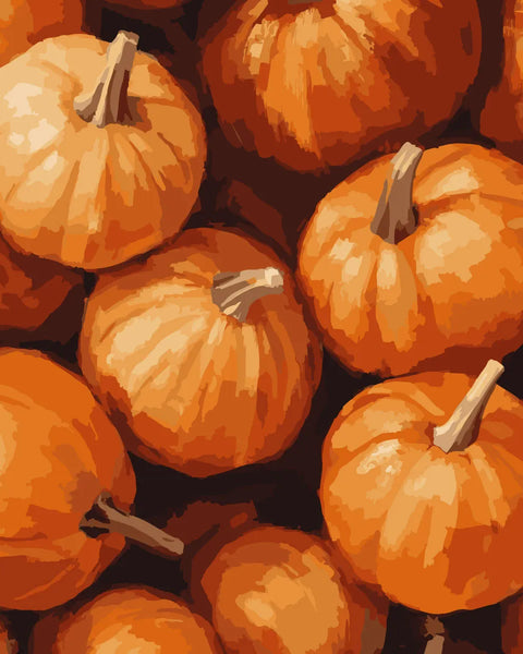 Realistic painting of a pile of bright orange pumpkins