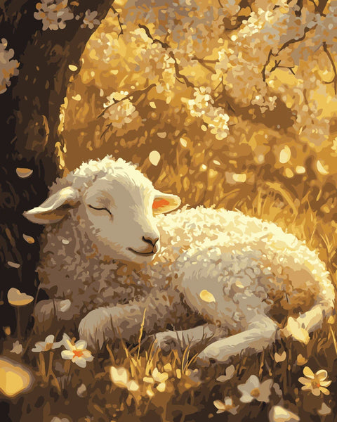 Golden Rest Paint by Numbers Kit featuring a sleeping lamb under a golden-hued blossoming tree, surrounded by soft sunlight.