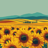 Vibrant sunflower field with rolling hills and mountains in background