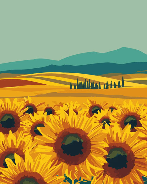 Vibrant sunflower field with rolling hills and mountains in background