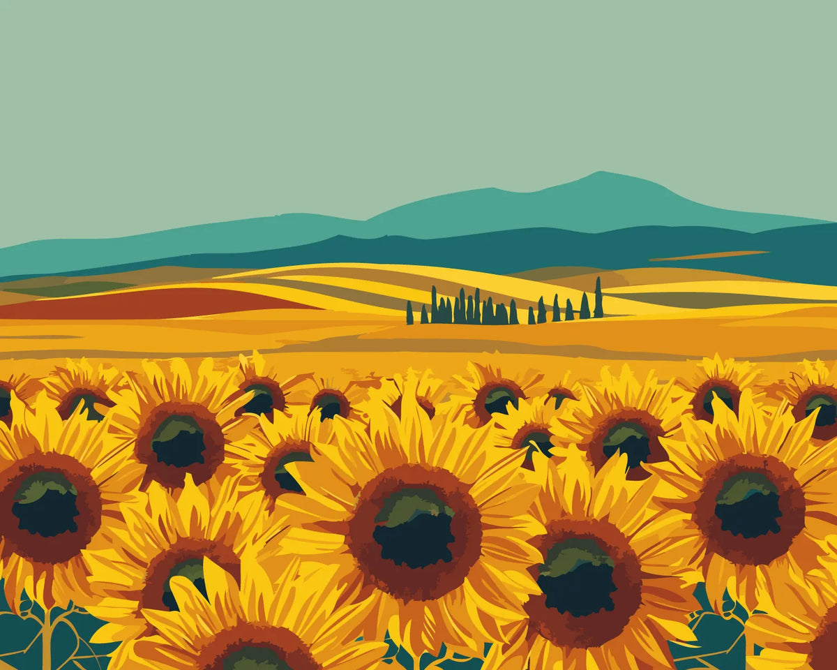 Vibrant sunflower field with rolling hills and mountains in background
