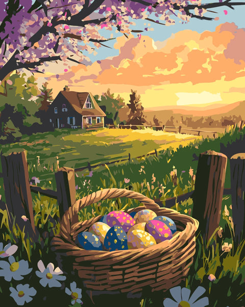 Golden Sunrise Easter Paint by Numbers Kit featuring a countryside sunrise, a farmhouse, and a basket of colorful Easter eggs.