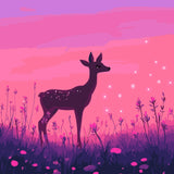 A delicate fawn stands gracefully in a glowing meadow at sunset, surrounded by wildflowers and soft floating lights, creating a serene and magical atmosphere.