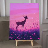 A delicate fawn stands gracefully in a glowing meadow at sunset, surrounded by wildflowers and soft floating lights, creating a serene and magical atmosphere.