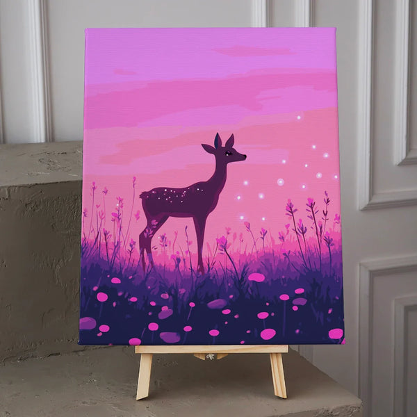 A delicate fawn stands gracefully in a glowing meadow at sunset, surrounded by wildflowers and soft floating lights, creating a serene and magical atmosphere.