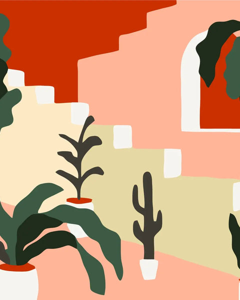 Painting of potted plants on pastel stairs with warm tones