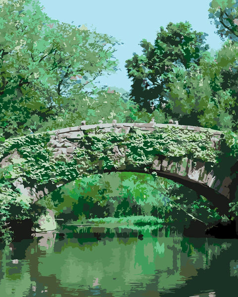 Painting of an old stone bridge covered in ivy over water