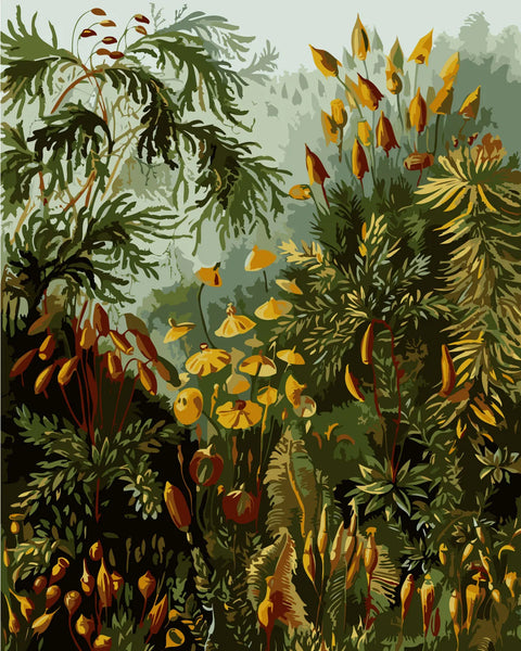 Lush botanical painting featuring vibrant green foliage and yellow flowers
