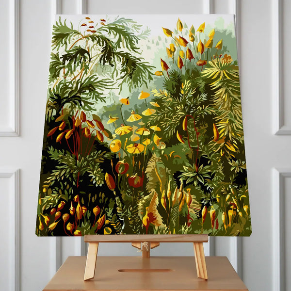 Lush botanical painting featuring vibrant green foliage and yellow flowers